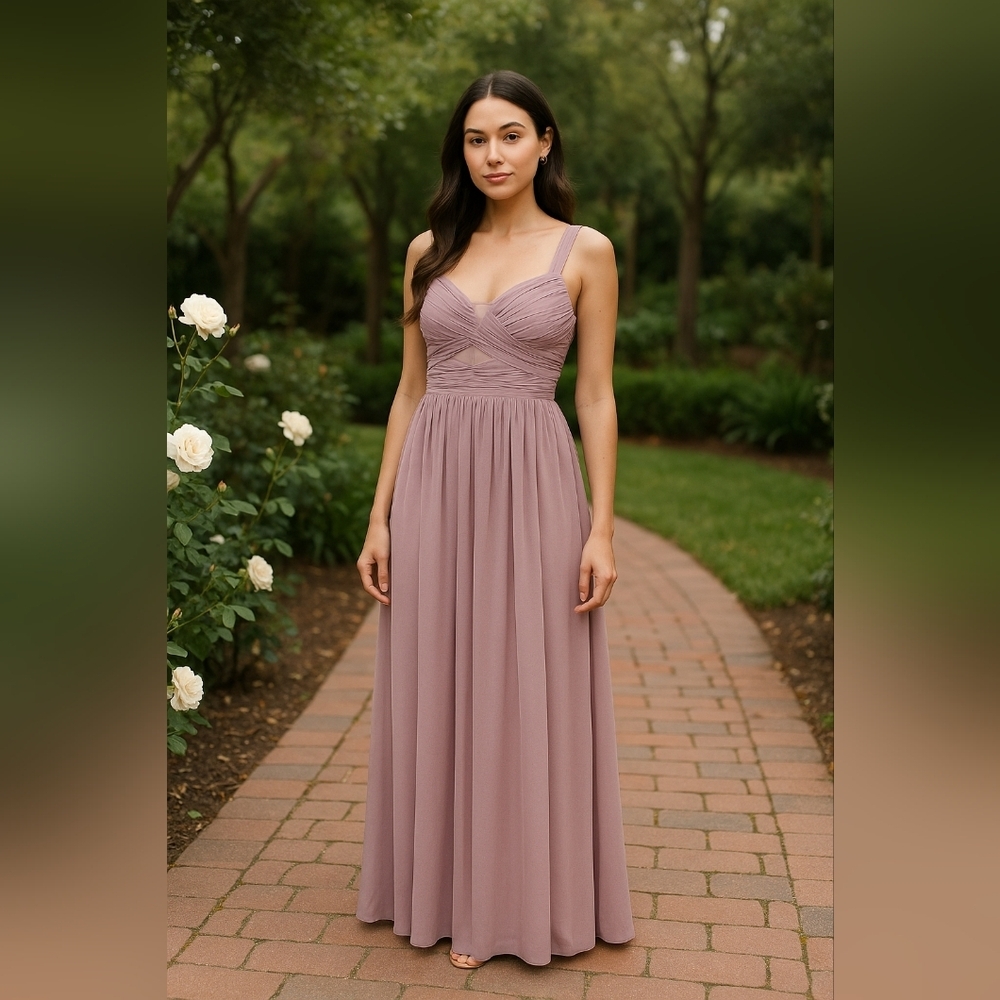 Birdy Grey Bridesmaid Dress – Mauve Pleated Bodice Maxi with Sheer Detail